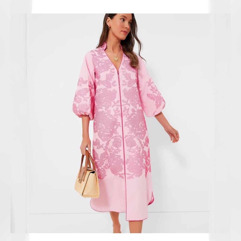 Hyacinth House Womens S Pink Embroidery Arem Puff Sleeved Arem Caftan Midi Dress